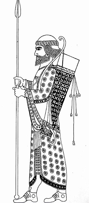 Gelbes Sterngewand (Susa)T3A2.jpg - Das gelbe Gewand zeigt ein Muster aus achtstrahligen Sternen, vielleicht Symbol der Kriegsgöttin Astarte.